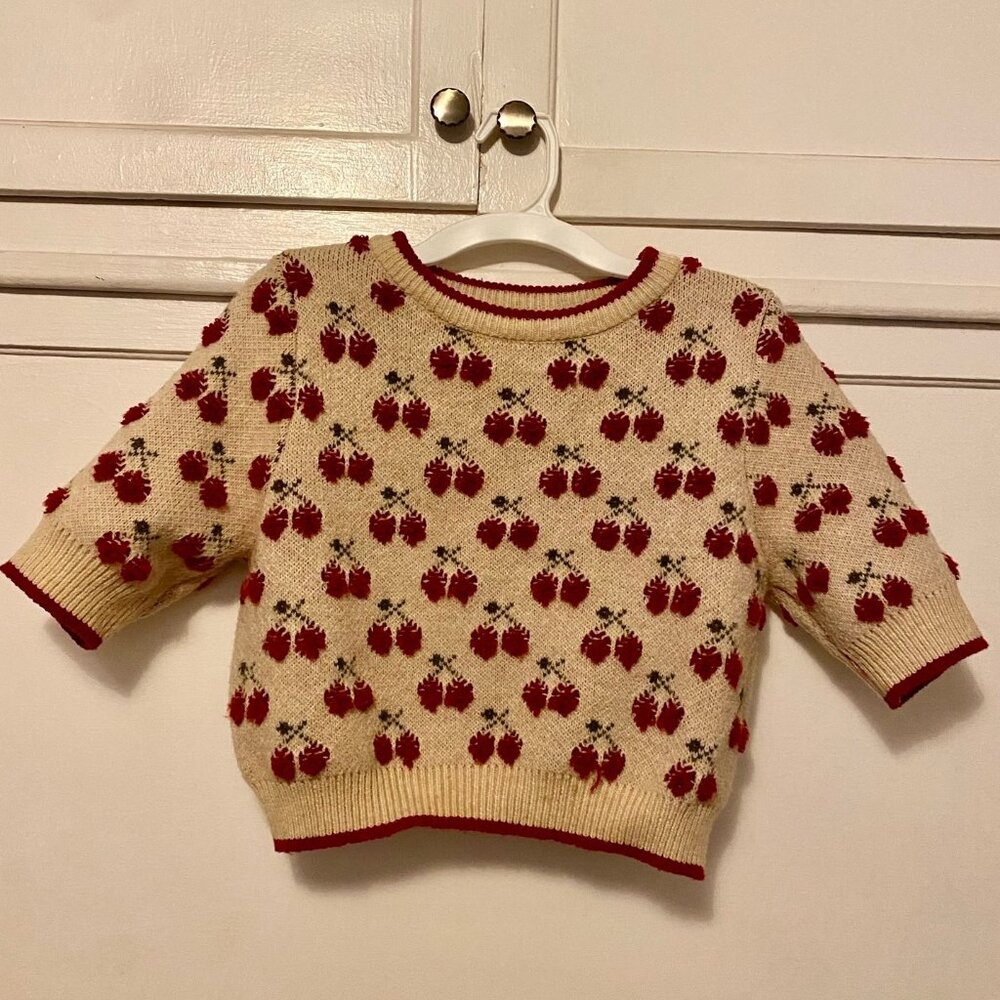 Cider Short Sleeve Cropped Crew Sweater Top Beige Tan Cherries S Small